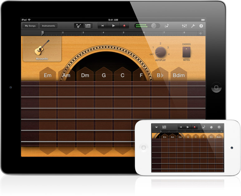 Apple Ipad 3 Black Color showing GarageBand app with smart acoustic guitars
